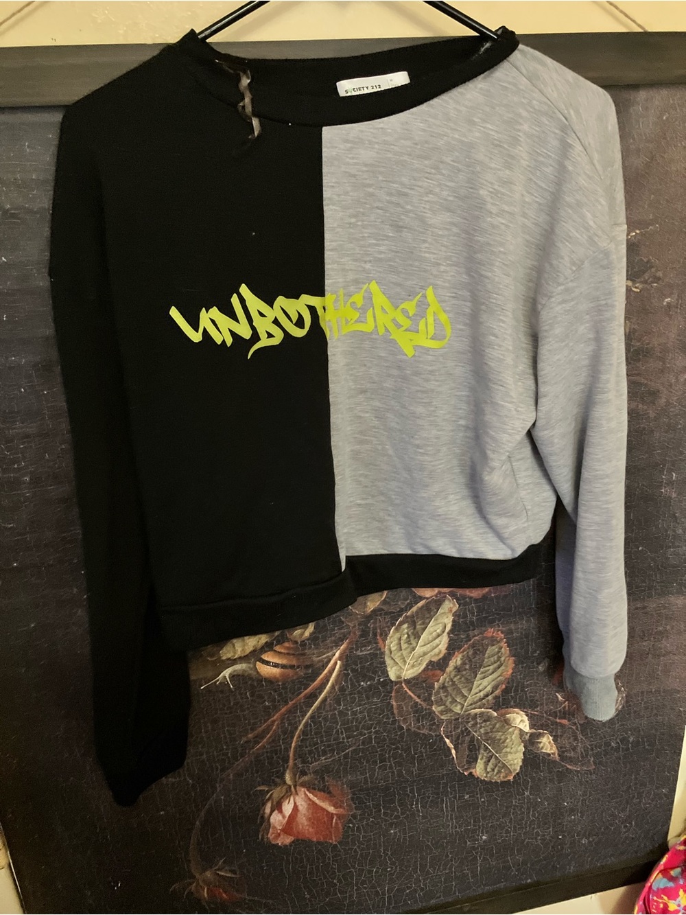 Society Two-Tone Black and Light Gray Cropped Sweatshirt with Neon Green Logo